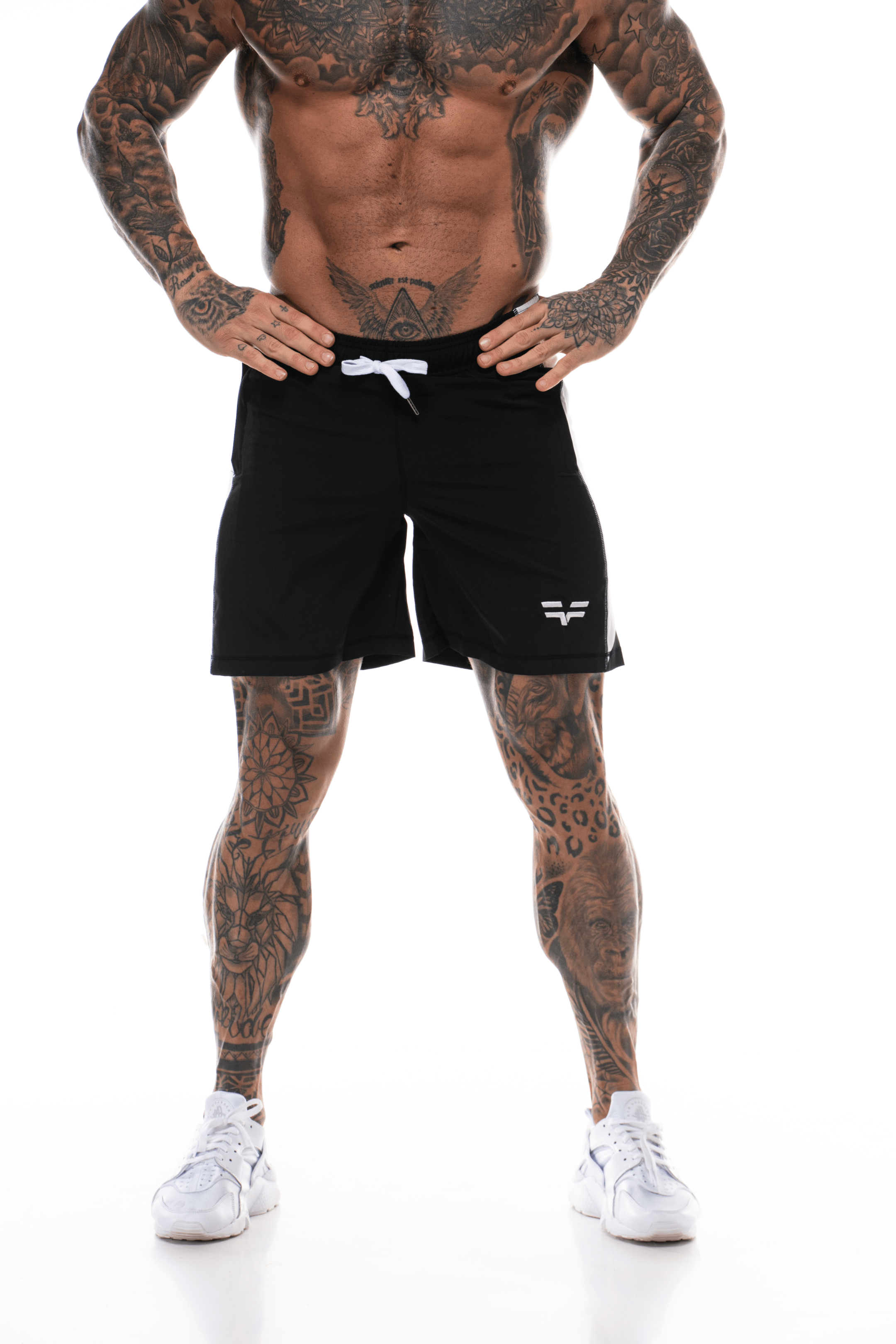 GymFreak Mens Active Shorts - Black/White - 7 inch