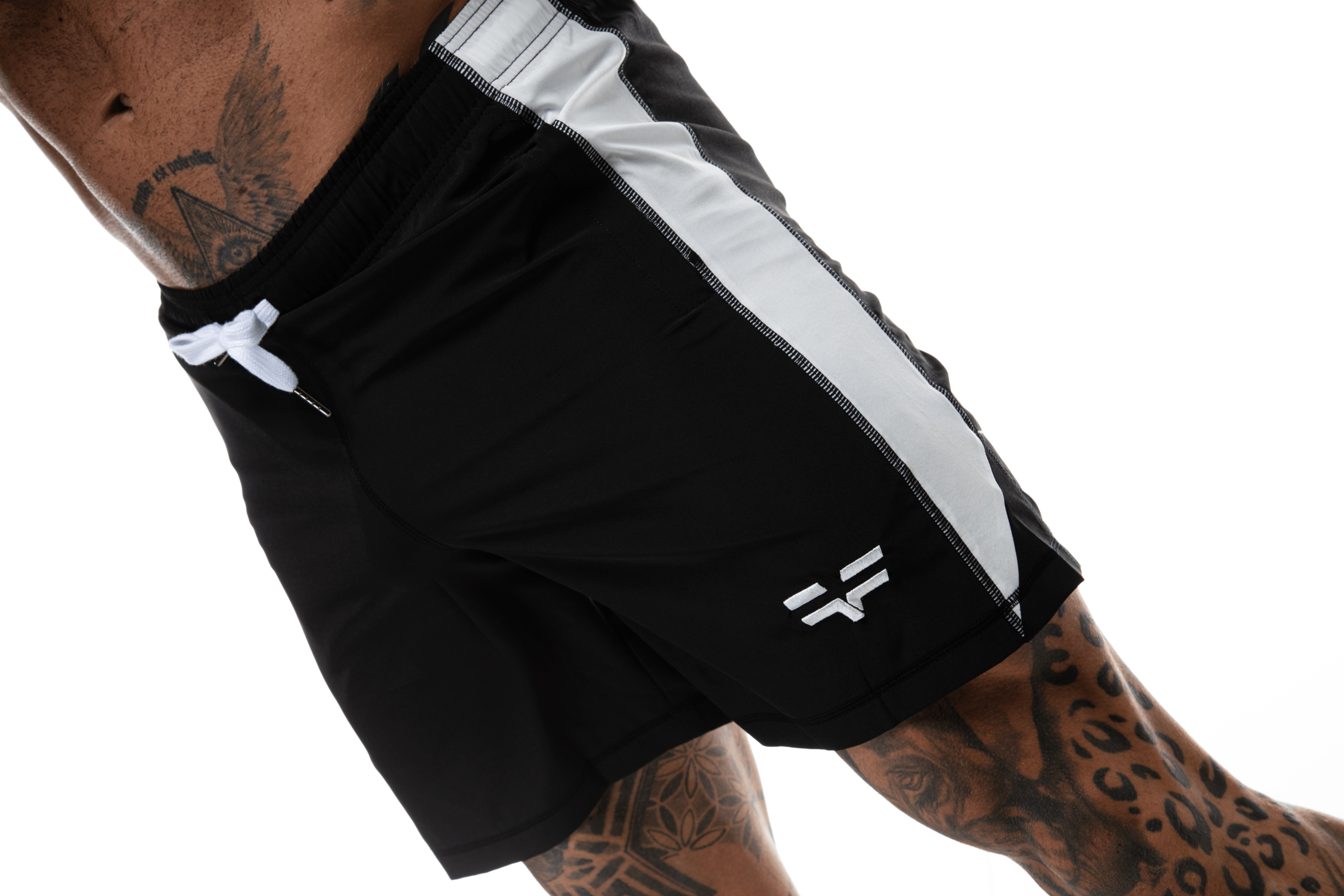 GymFreak Mens Active Shorts - Black/White - 7 inch